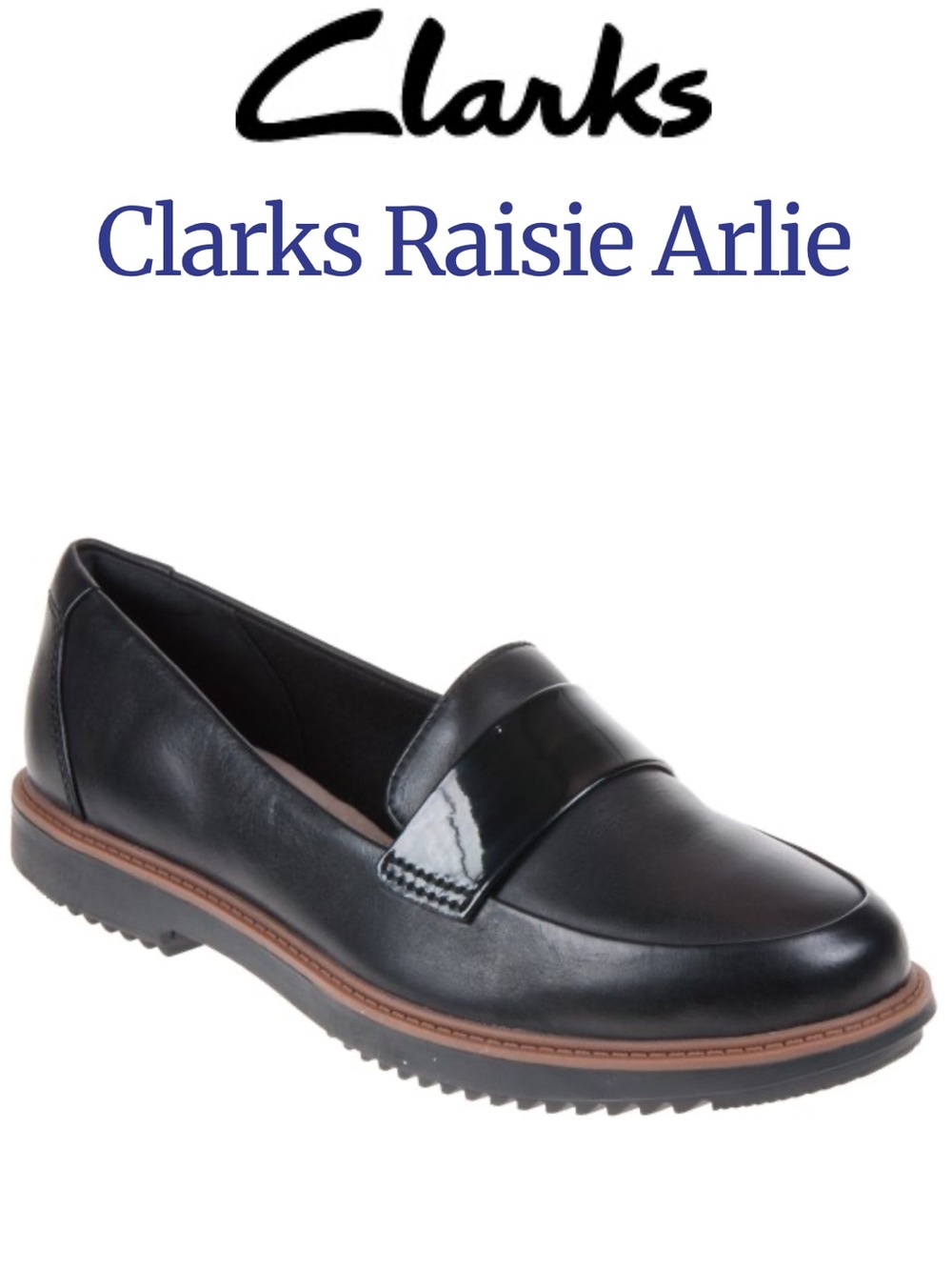 Clarks Raisie Arlie Black Leather Loafer with Brown Trim